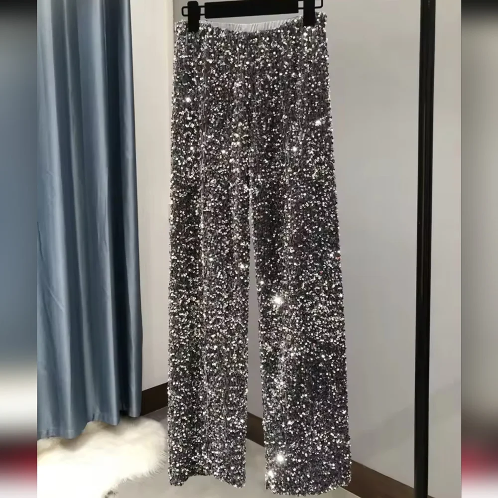 Women's Fashion Trendy Sparkling Gold Pants Relaxation of Tall Waist Wide-legged - Picture 3 of 6